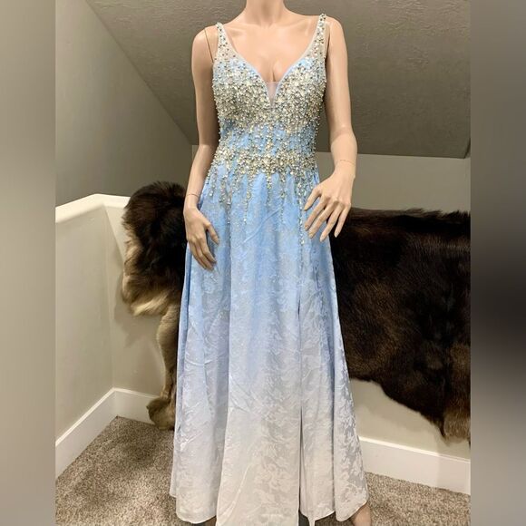Stunning Blue Gradient and Jacquard Glitter, Sequins & Beaded Gown - Picture 1 of 17